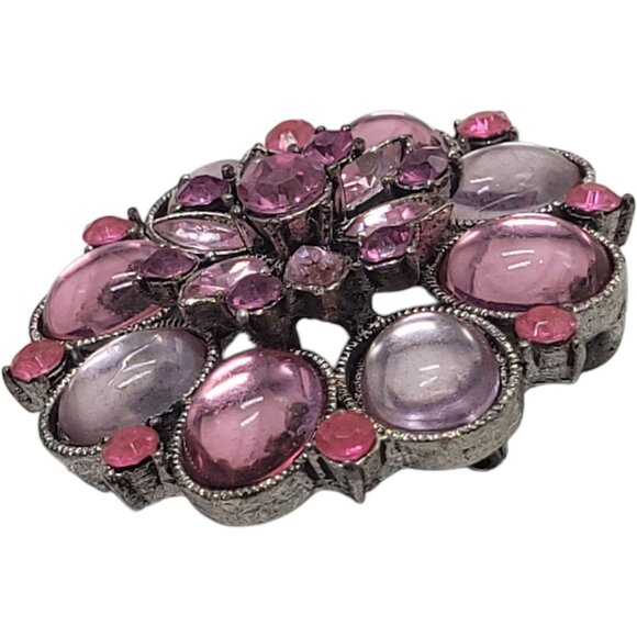 Vintage Floral Pink Rhinestone Brooch Pin With Silver-Tone Metal Backing - Picture 7 of 10